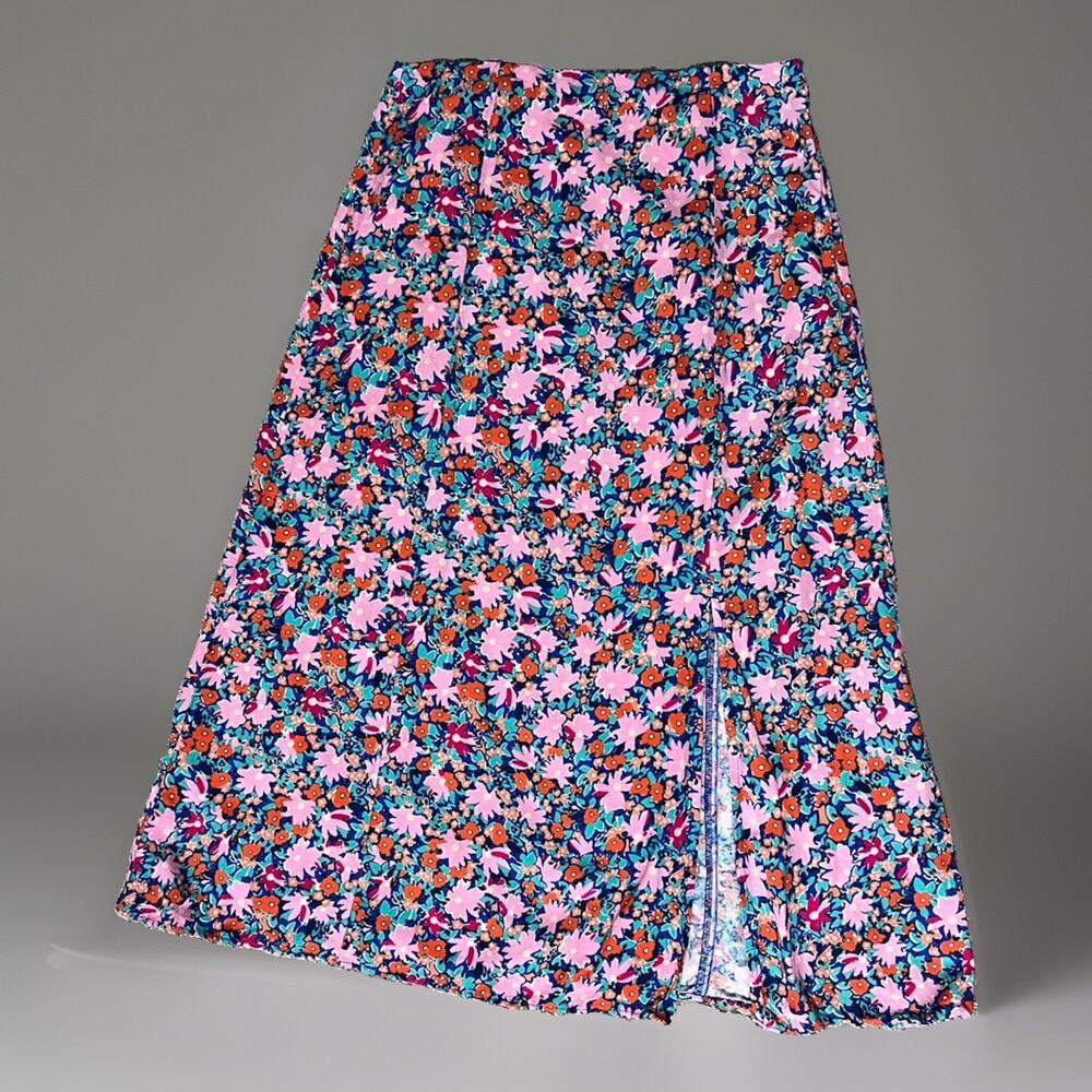 LOFT Skirt Womens 2 Colorful Linen Blend Front Slit Midi Floral Bloomcore Earthy